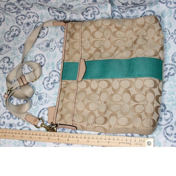 Coach Signature Beige‎ Shoulder Bag with Green Stripe - Picture 1 of 4